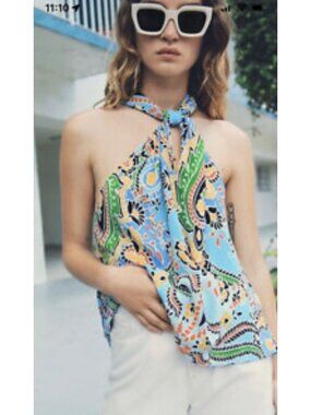 ZARA Blue Multicolor Paisley Print Sleeveless Halter Style Women's Top NWT Large